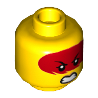 Lego Minifig Head Harumi, Dual Sided, Red Markings over Eyes, Open Mouth with Teeth, Grimace / Frown with Peach Lips Print [Hollow Stud] / Yellow