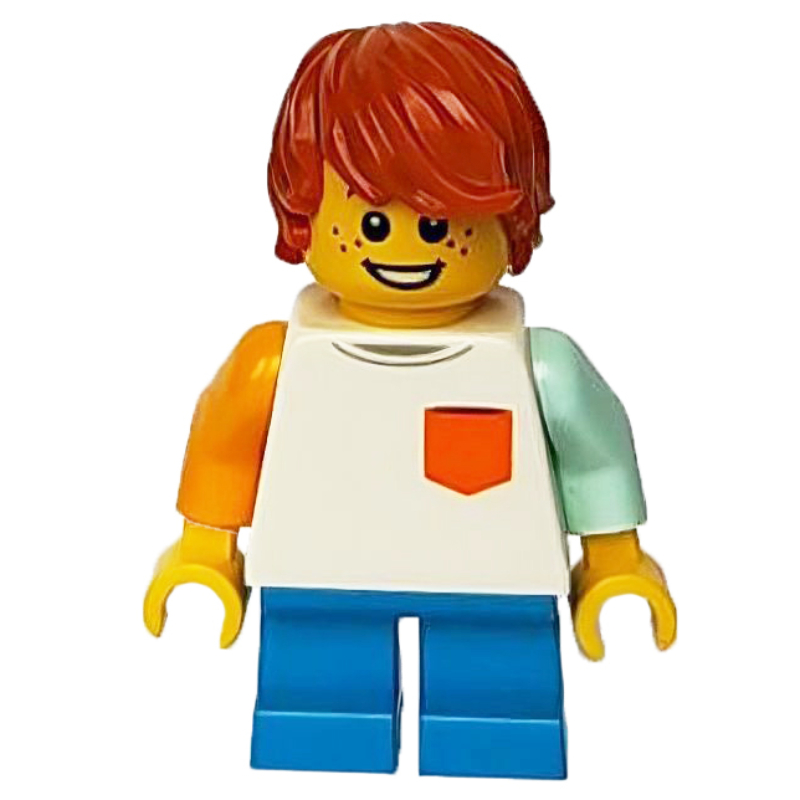 Lego Boy, White Top, Short Dark Azure Legs, Dark Orange Hair