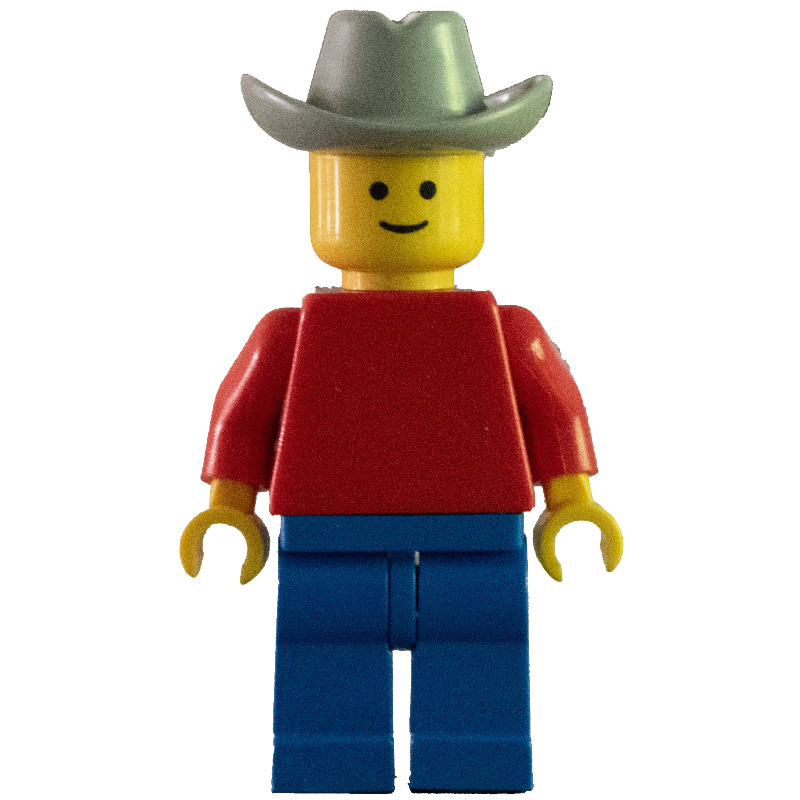 Lego Man - Red Torso, Blue Legs, Light grey Cowboy Head