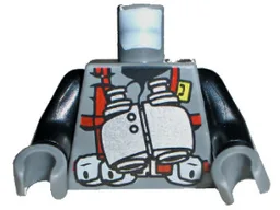 Torso Dino Vest with Red Harness and Silver Binoculars Pattern / Black Arms / Dark Bluish Gray Hands