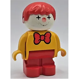 Duplo Figure, Early with Joined Legs Red, Red Bow Tie, Clown Facepaint Print / Yellow