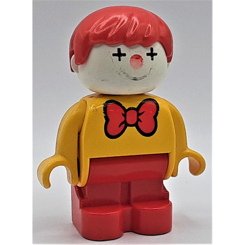 Lego Duplo Figure, Early with Joined Legs Red, Red Bow Tie, Clown Facepaint Print / Yellow