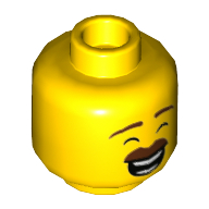 Lego Minifig Head, Thick Reddish Brown Mustache, Big Smile, Open Mouth, Teeth / Smirk / Yellow