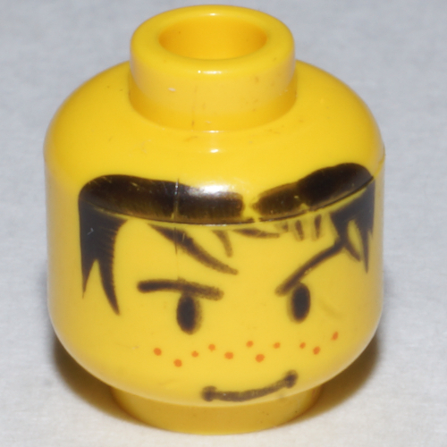 Lego Minifig Head Mike / Soccer Player, Spiky Black Hair, Nose Freckles and Smirk Print / Yellow