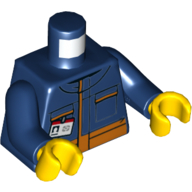 Lego Torso Jacket with Orange Stripe, Pockets, Name Tag Print, Dark Blue Arms, Yellow Hands / Dark Blue