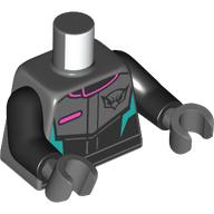 Lego Torso, Dark Bluish Grey Racing Suit, Coral Trim, Dark Turquoise Lightning Bolts print, Black Arms, Dark Bluish Gray Hands / Dark Bluish Gray