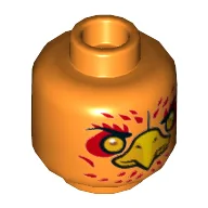 Minifig Head Frax, Phoenix with Orange Eyes, Circles, Red Feathers and Yellow Beak, Neutral / Stern Print / Orange