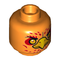 Lego Minifig Head Frax, Phoenix with Orange Eyes, Circles, Red Feathers and Yellow Beak, Neutral / Stern Print / Orange