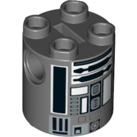 Lego Brick Round 2 x 2 x 2 Robot Body, Axle Holder '+' Orientation with Black And White Astromech Droid Print (R2-Q2) / Dark Bluish Gray