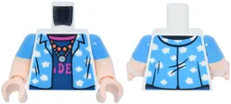 Torso Dark Azure Shirt, Open with Clouds over Dark Blue T-Shirt, Magenta Letters DE and Silver Necklace Pattern / Light Nougat Arms with Molded Dark Azure Short Sleeves Pattern / Light Nougat Hands / White