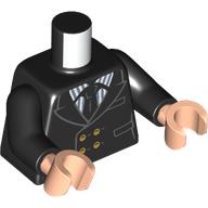 Lego Torso, Suit, Jacket, Black Tie, White/Dark Bluish Grey Striped Shirt print, Black Arms, Light Nougat Hands / Black