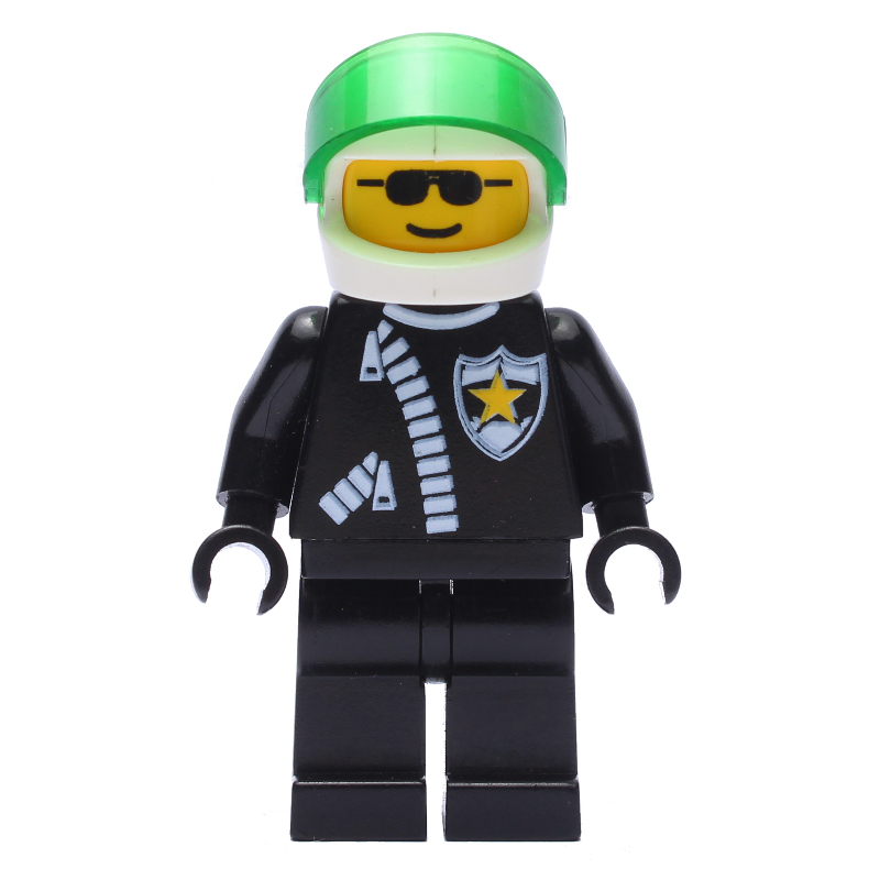 Lego Policeman, Black Jacket with Zipper and Badge, White Helmet with Trans-Green Visor, Sunglasses
