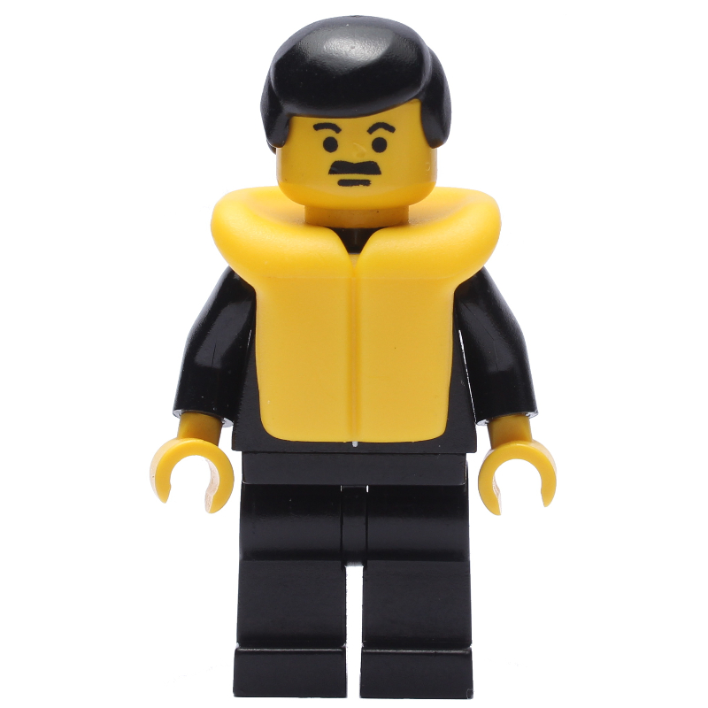 Lego Policeman, Black Suit with Tie and Badge, Black Hair, Yellow Life Vest, Moustache