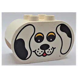 Duplo Brick 2 x 4 x 2 Rounded Ends with Dog Face with Yellow Eyes Print / White