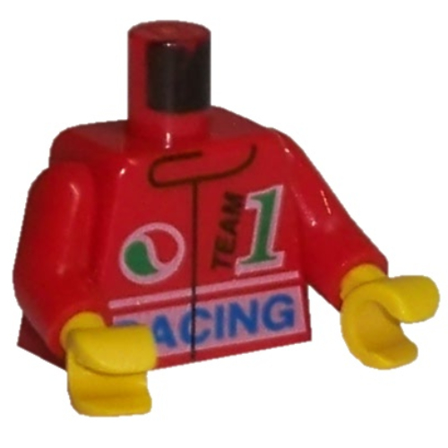 Lego Torso Racing Jacket with Octan Logo, 'Team 1' and 'Racing' Print, Red Arms, Yellow Hands / Red