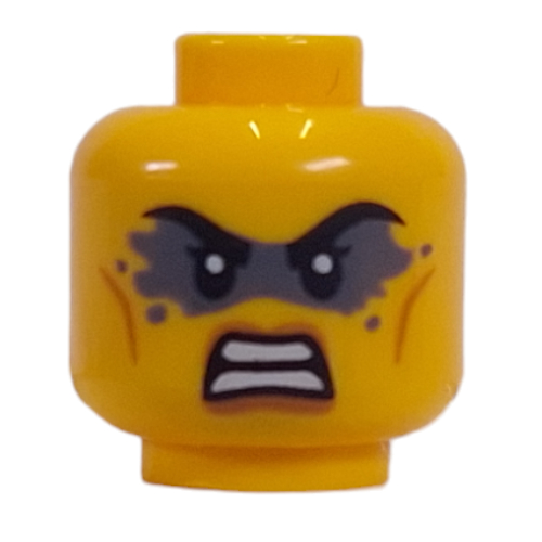 Lego Minifig Head, Dark Bluish Grey Eyeshadow with Angry Clenched Teeth / Stern Print / Yellow
