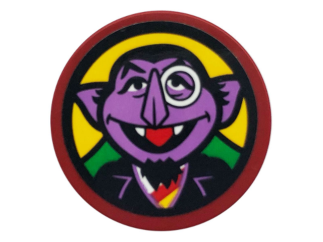 Lego Tile, Round 3 x 3 with Sesame Street The Count on Yellow Background Pattern (Sticker) - Set 21324