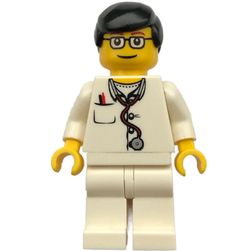 Lego Doctor, White Torso with Stethoscope and Pocket, White Legs, Black Hair, Glasses