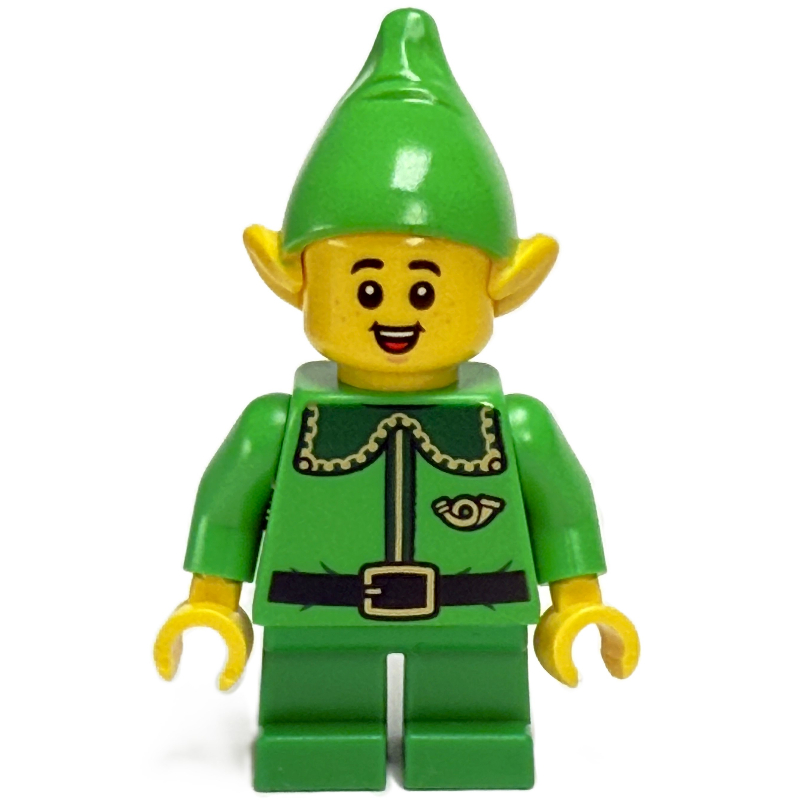 Lego Elf / Postal Elf - Bright Green Torso, Green Legs, Bright Green Hat, Dark Green Collar, Open Mouth Smile