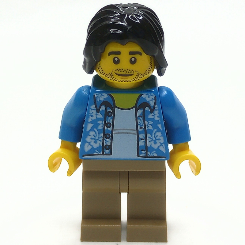 Lego Man, Open Dark Azure Hawaiian Shirt, Dark Tan Legs, Black Hair