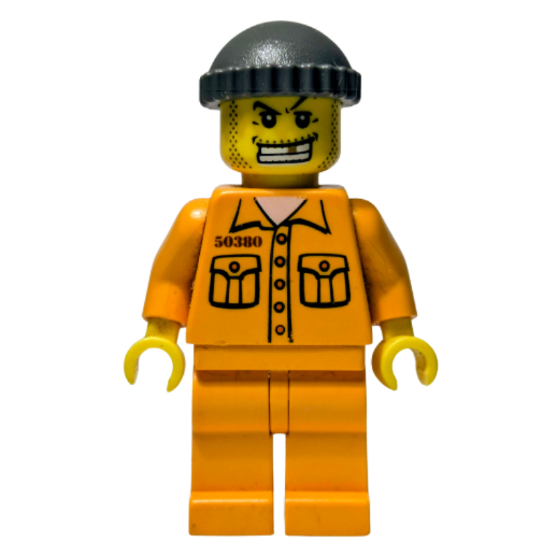 Lego Criminal, Orange Prison Outfit with #50380, Dark Gray Hat, Gold Tooth