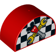 Lego Duplo Brick 2 x 4 x 2 Curved Top - Checkered Flag and Crossed Tools with Mouse Ears Print / Red