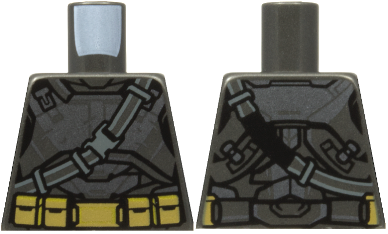Lego Torso Dark Silver Armor, Diagonal Belt with Dark Bluish Gray Buckle, Dark Tan and Gold Belt with Pouches Pattern