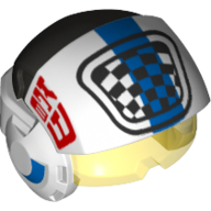 Lego Helmet with Visor Rebel Pilot, Raised Front, Trans-Yellow Visor, Blue Stripe and Checker Flag Print / White