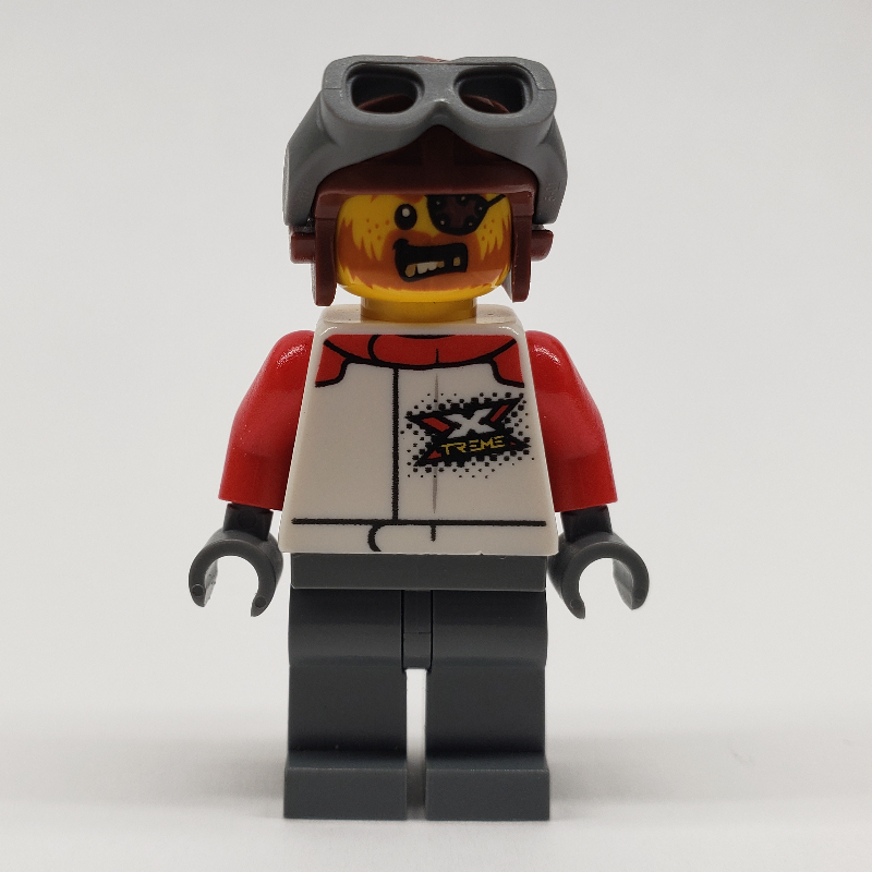 Lego Stunt Rider, White Race Jacket, Dark Bluish Gray Legs, Reddish Brown Helmet