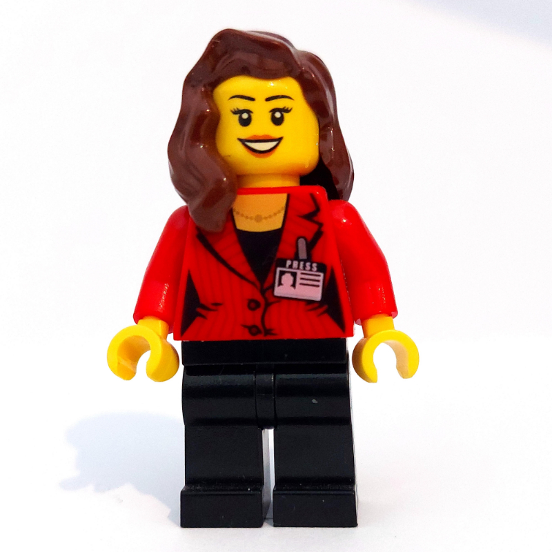 Lego Woman, Red Jacket, Black Legs, Reddish Brown Long Hair