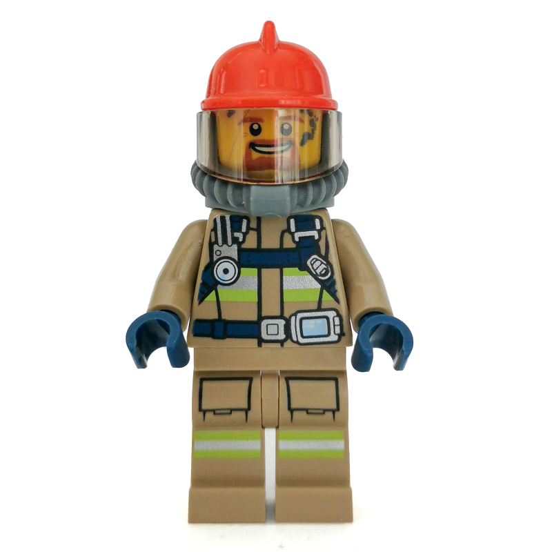 Lego Fireman, Dark Tan Fire Suit with Gauge and Straps, Red Helmet, Breathing Apparatus, Airtanks, Goatee Beard