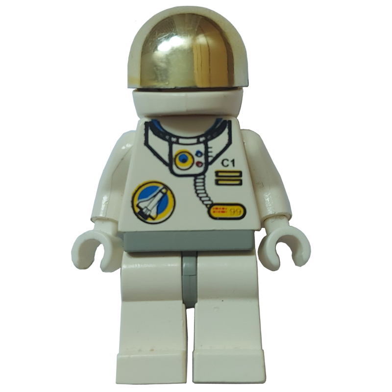 Lego Astronaut, White, Light Gray Hips, Helmet with Large Chrome Gold Visor, Headset