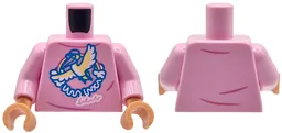 Torso Female Shirt with Blue, Yellow and White Bird, Rainbow, and Writing, Dark Pink Creases Pattern / Bright Pink Arms / Nougat Hands