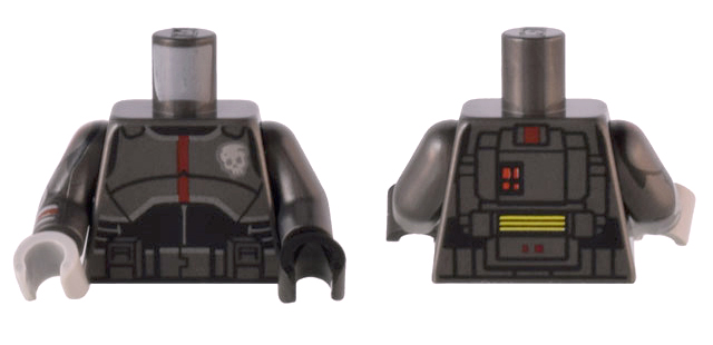 Lego Torso SW Armor with Skull Badge and Dark Red Stripe, Black Midsection, Detailed Backpack with Red Lights Pattern / Pearl Dark Gray Arm Left / Pearl Dark Gray Arm Right with Armor Pattern / Black Hand Left / Light Bluish Gray Hand Right