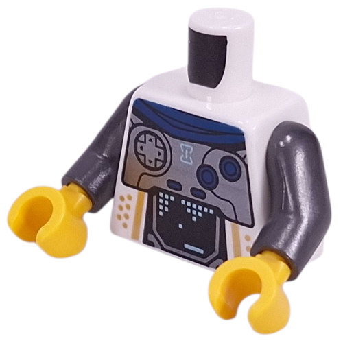 Lego Torso, Pearl Titanium Chest Armor, Dark Blue Hood, Buttons, Dark Turquoise Pixels on Black Screen, Gold Dots print, Pearl Titanium Arms, Yellow Hands / White