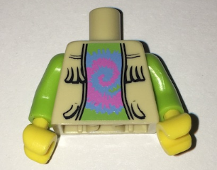 Lego Torso Vest Open with Fringe over Lime Shirt with Dark Pink and Medium Blue Tie-Dyed Swirl Pattern / Lime Arms / Yellow Hands