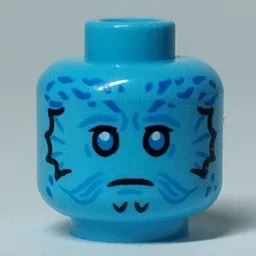 Minifig Head Mythrol, White Eyes with Black Edge, Dark Blue Markings Print / Medium Azure