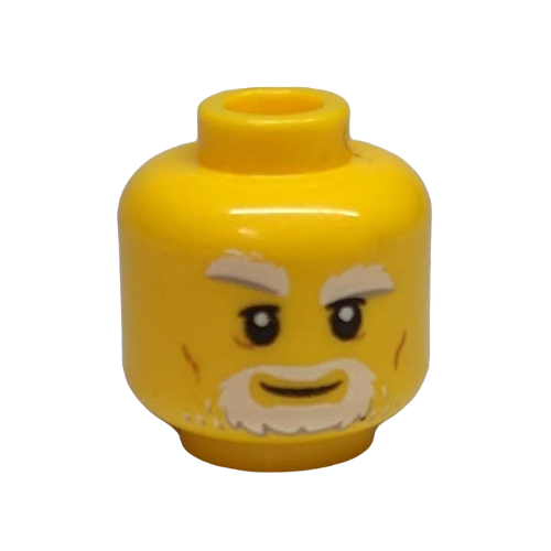 Lego Minifig Head Merlok, Gray and White Beard, Thick Eyebrows, Right Raised Eyebrow, Dark Orange Cheek Lines Print / Yellow