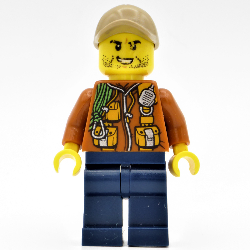 Lego Explorer, Jacket with Pouches, Radio, and Rope, Dark Tan Cap, Stubble and Clenched Teeth