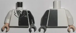 Torso Batman Suit with Black Half Panel, Tie Pattern / Black Arm Left / White Arm Right / Dark Bluish Gray Hand Left / Light Nougat Hand Right