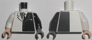 Lego Torso Batman Suit with Black Half Panel, Tie Pattern / Black Arm Left / White Arm Right / Dark Bluish Gray Hand Left / Light Nougat Hand Right