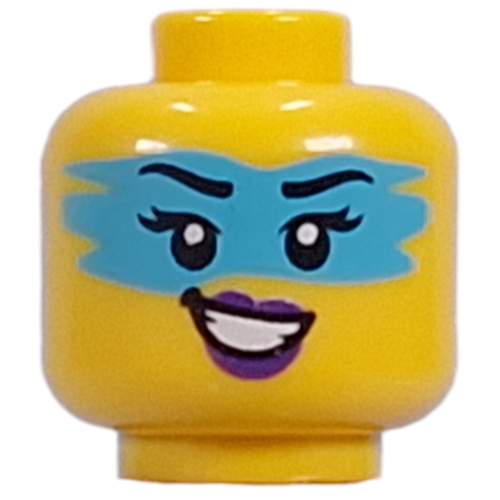 Lego Minifig Head Zoey, Dark Azure Face Paint, Dark Purple Lips, Lopsided Open Mouth Smile/Lopsided Grin / Yellow
