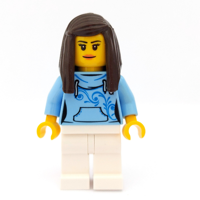 Lego Woman, Bright Light Blue Hoodie, White Legs, Dark Brown Hair