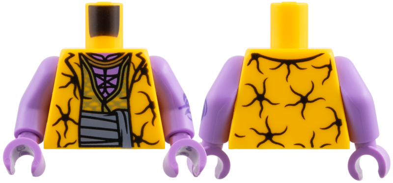 Lego Torso Vest with Black Synapses, Medium Lavender Neck, Gold Necklace, Olive Green Shirt, Dark Bluish Gray Sash Pattern / Medium Lavender Arm Left with Dark Purple Arlong Tattoo, Medium Lavender Arm Right / Medium Lavender Hands