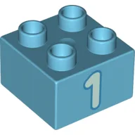 Duplo Brick 2 x 2 with Light Aqua '1' Print / Medium Azure