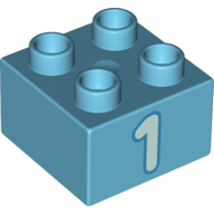 Lego Duplo Brick 2 x 2 with Light Aqua '1' Print / Medium Azure