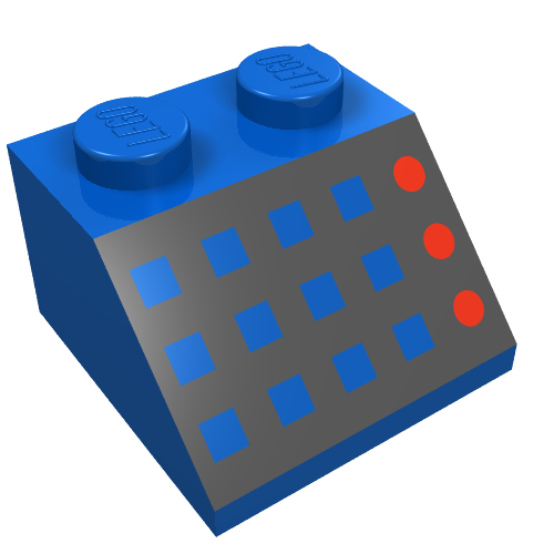 Lego Brick Sloped 45° 2 x 2 with 12 Buttons, 3 Red Lamps, Black Panel Print / Blue