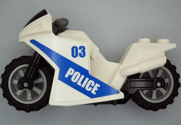 Lego Motorcycle Sport Bike with Black Windshield Pattern, Black Frame, Light Bluish Gray Wheels and Dark Bluish Gray Handlebars with Gold Badge with '03' and 'POLICE' Pattern on Both Sides (Stickers) - Set 60139