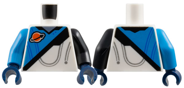 Lego Torso Spacesuit with Dark Azure Panel, Classic Space Logo, Black Stripe, and Sand Blue Collar Pattern / Black Arm Left / Dark Azure Arm Right / Dark Blue Hands