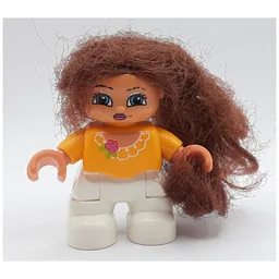 Duplo Figure with Soft Hair Brown, White Legs, Lace Collar with Pink Flower Print / Bright Light Orange